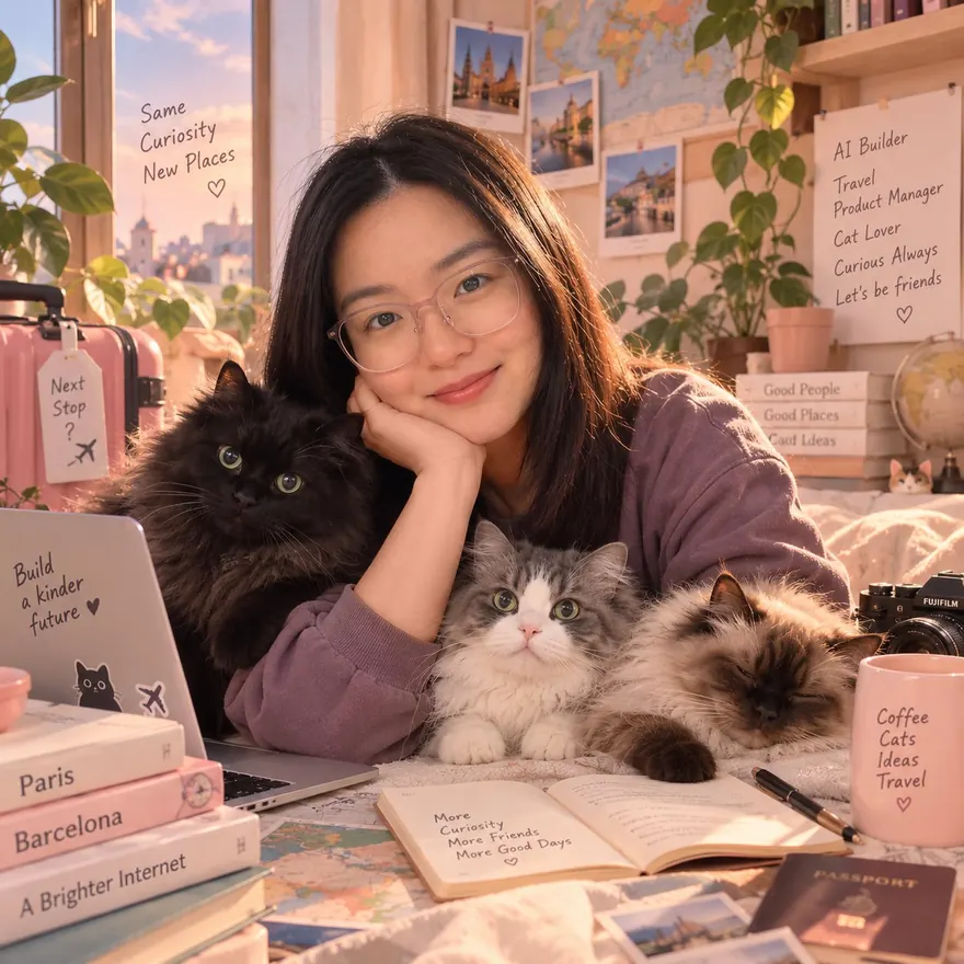 Nyota at her desk with her two cats